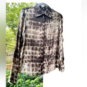 Boss Sheer Silk Blouse in Taupe and Black Abstract Print